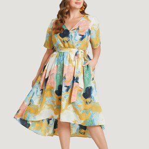 Tie Dye Pocket Wrap Belted High Low Dress 22-24 3x